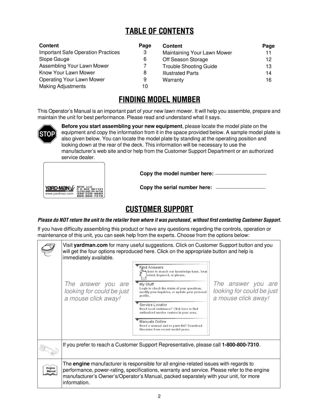 MTD 109 manual Table of Contents 