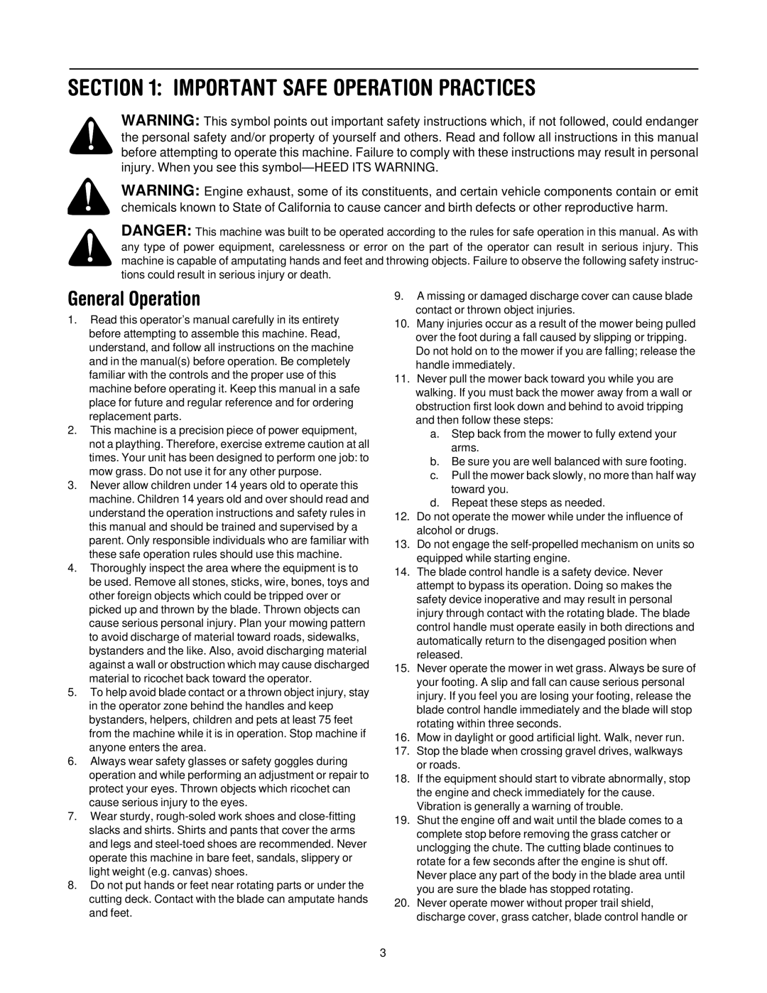 MTD 109 manual Important Safe Operation Practices, General Operation 