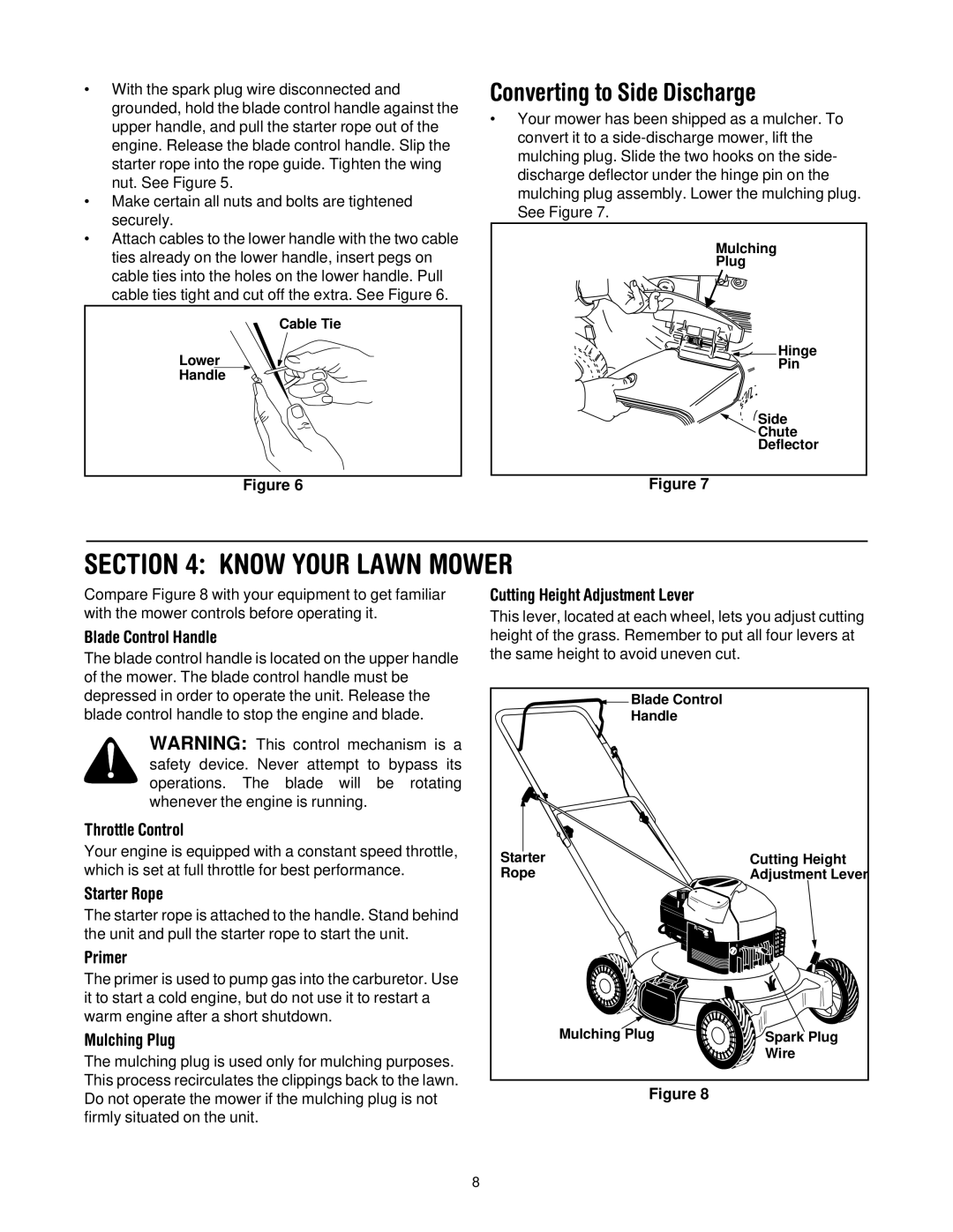 MTD 109 manual Know Your Lawn Mower, Converting to Side Discharge 