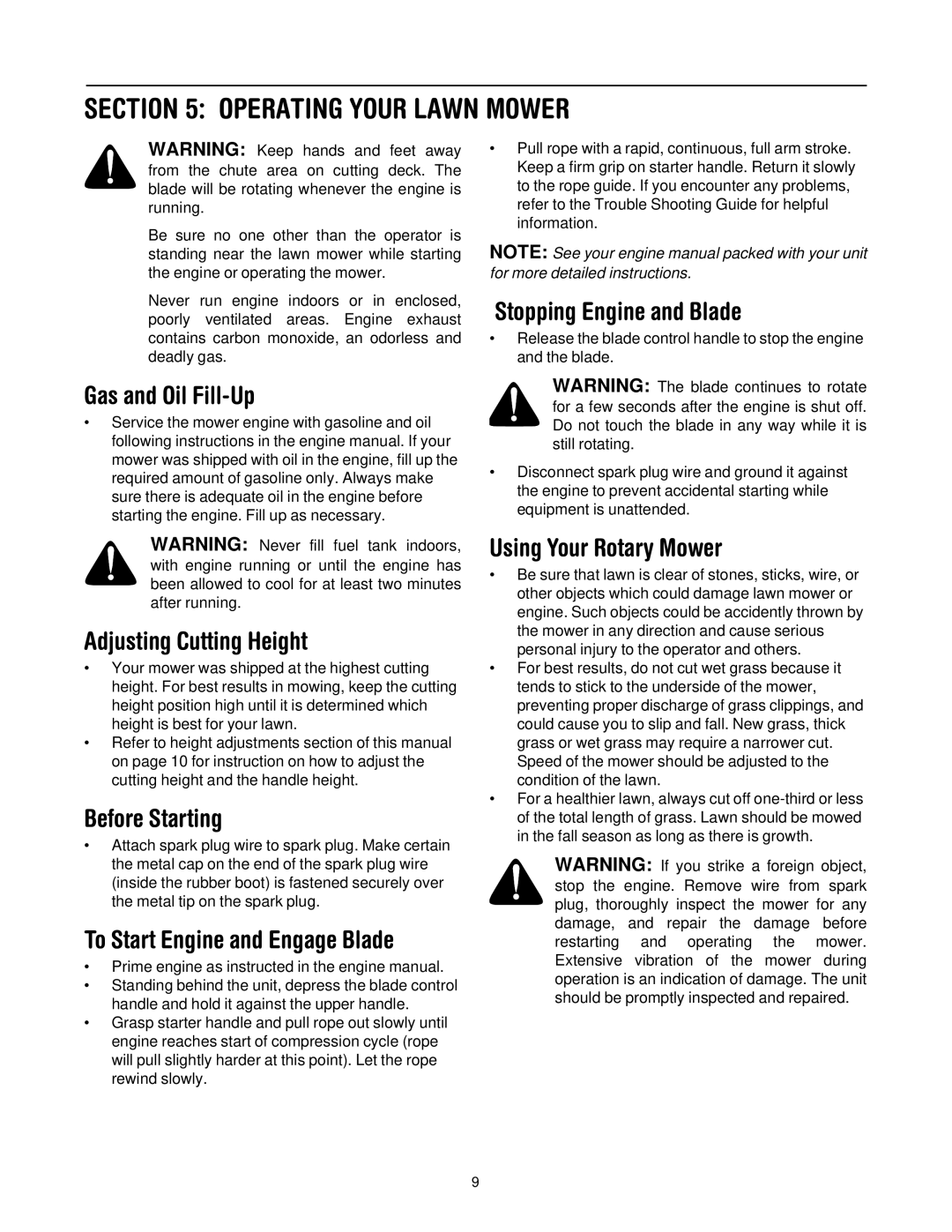 MTD 109 manual Operating Your Lawn Mower 