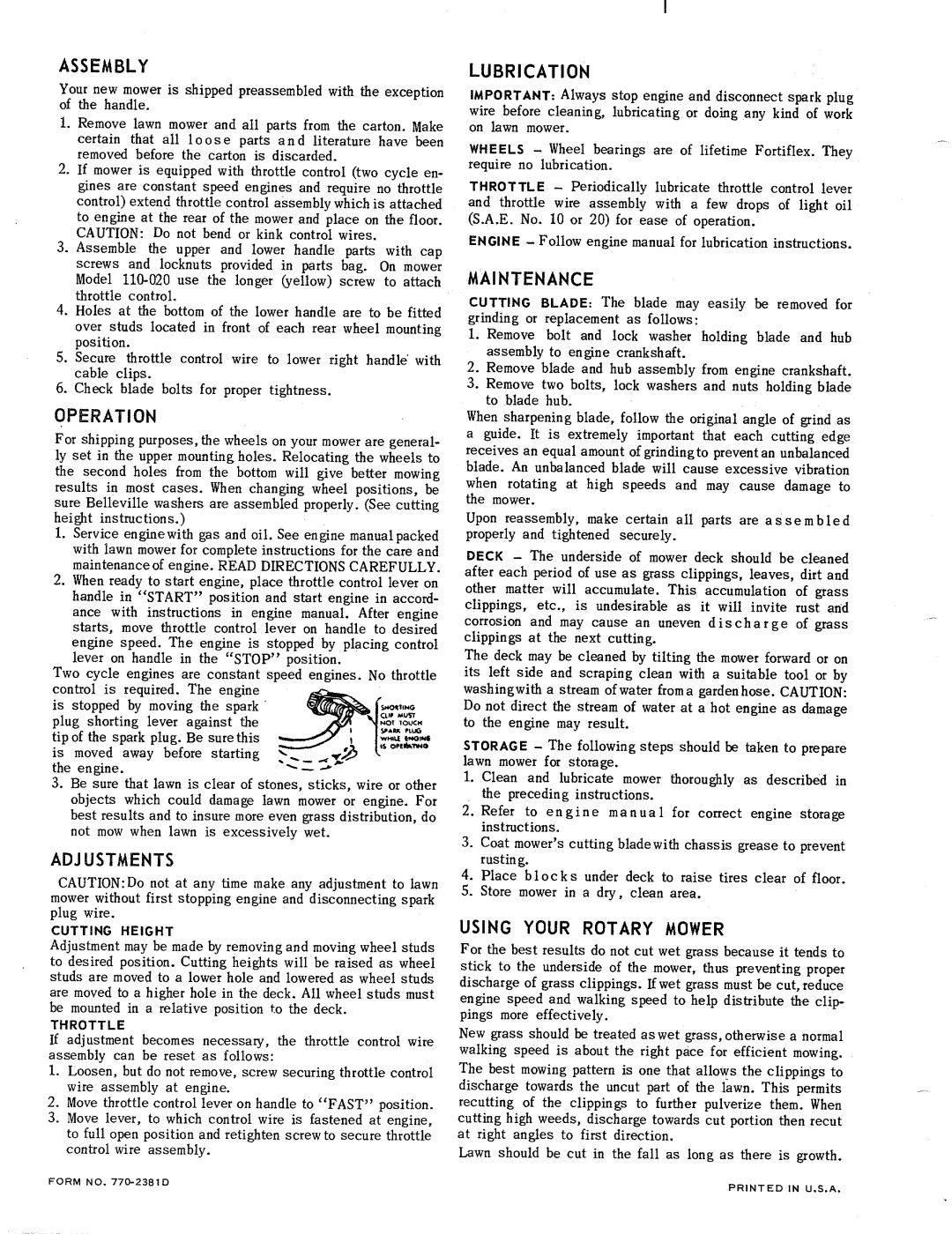 MTD 110-011, 110-020 manual 