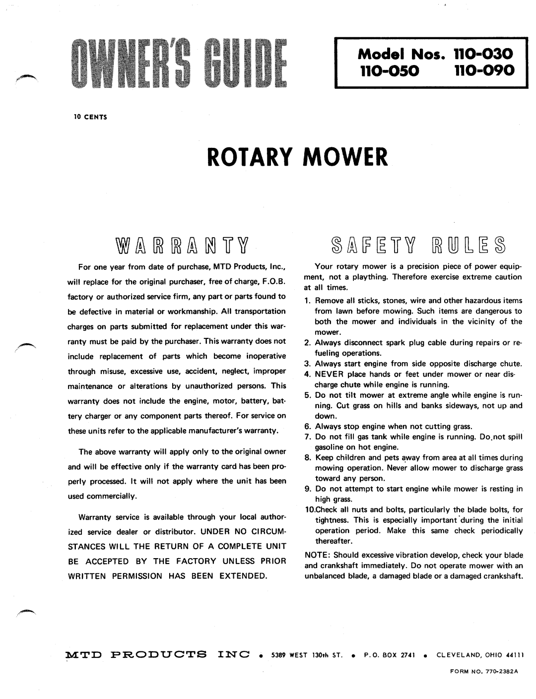 MTD 110-090, 110-050, 110-030 manual 