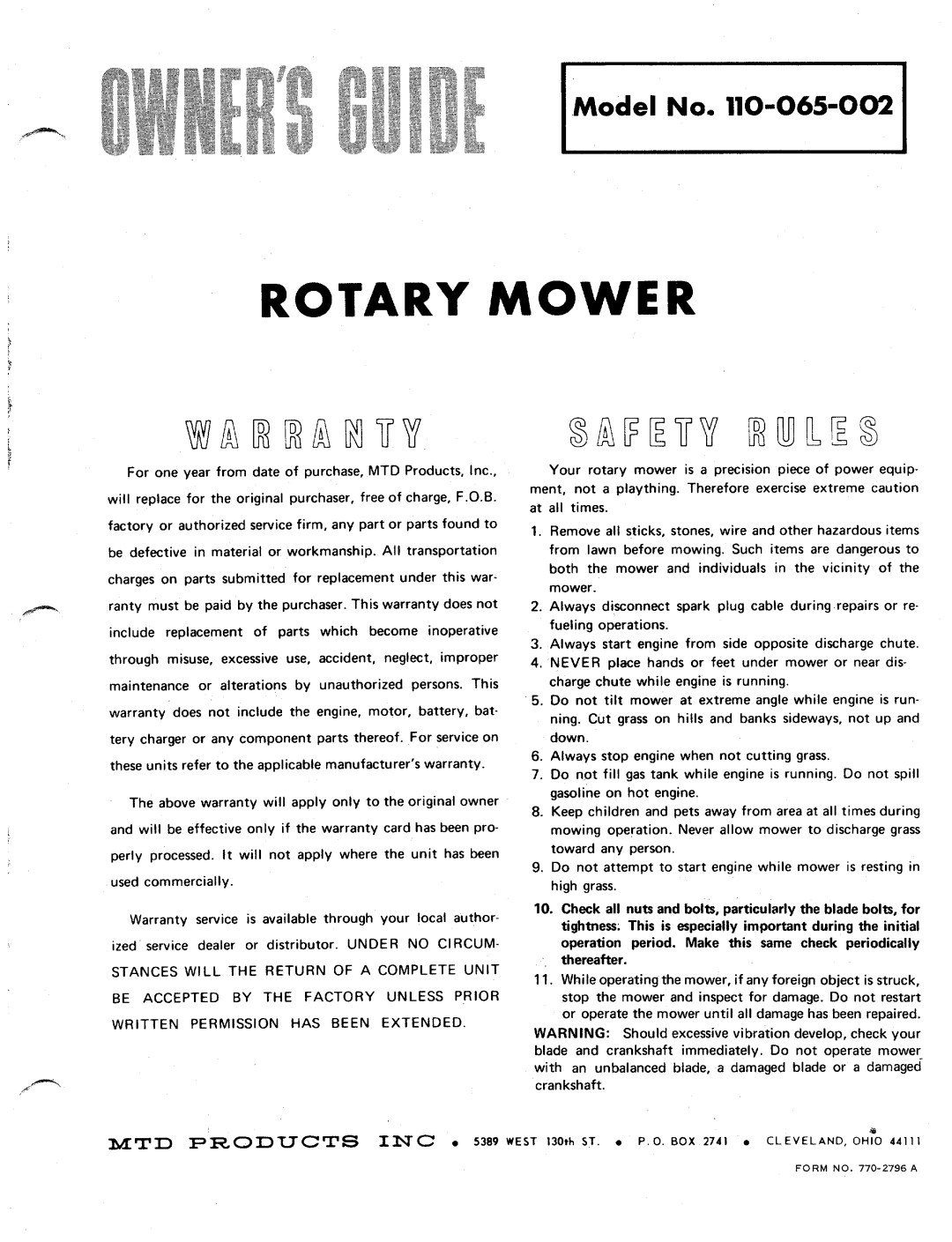 MTD 110-065-002 manual 