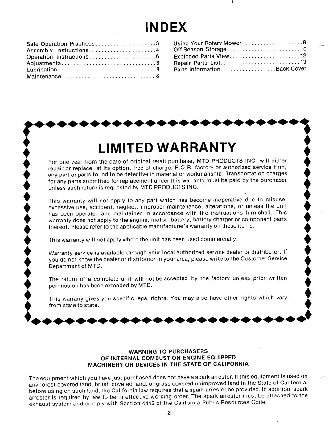 MTD 110-072A, 110-072-300 manual 