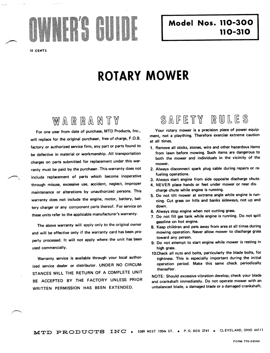 MTD 110-310, 110-300 manual 