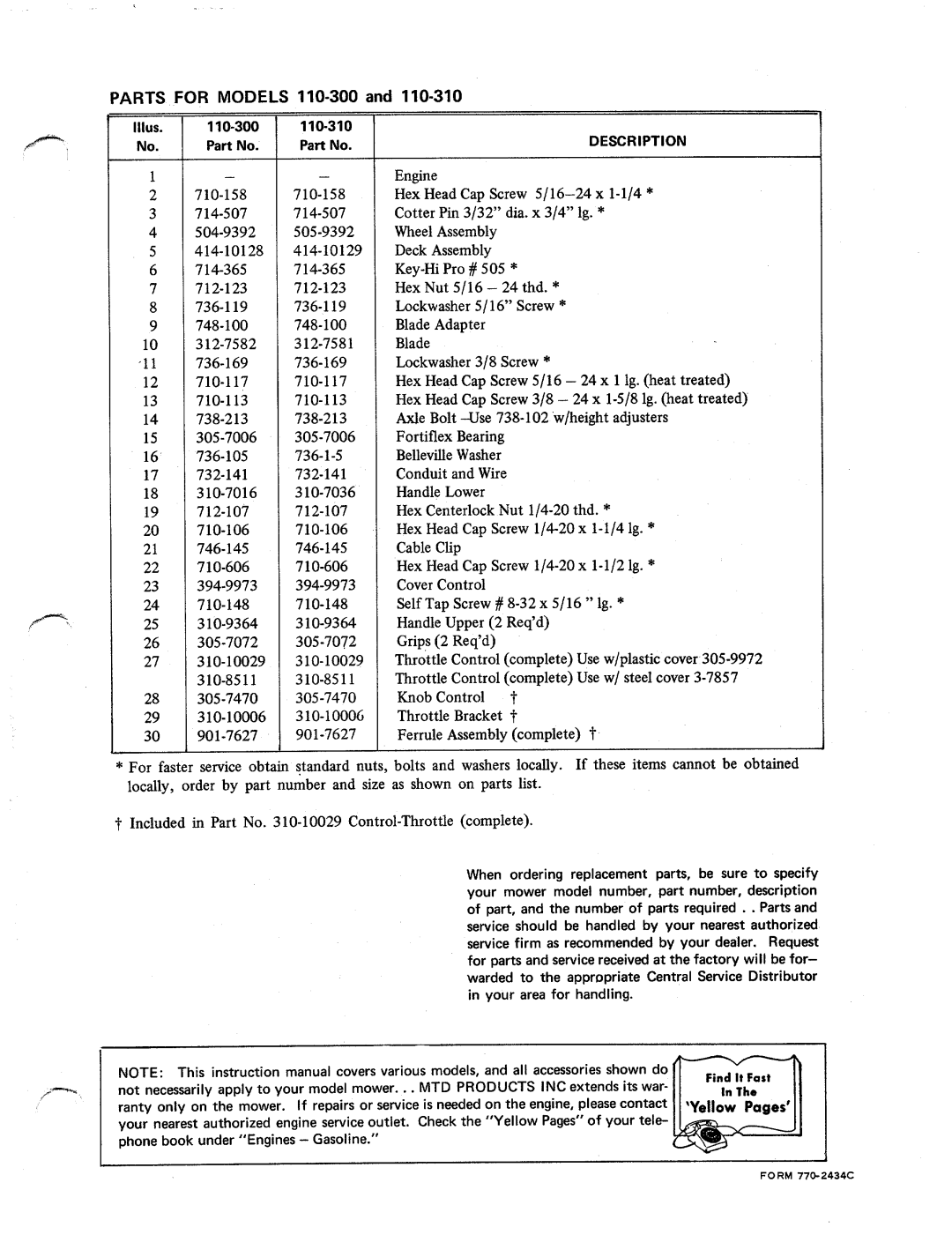 MTD 110-310, 110-300 manual 