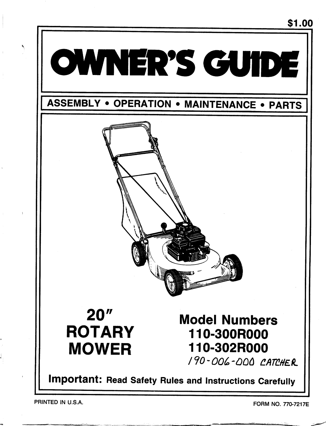 MTD 110-300R000, 110-302R000 manual 