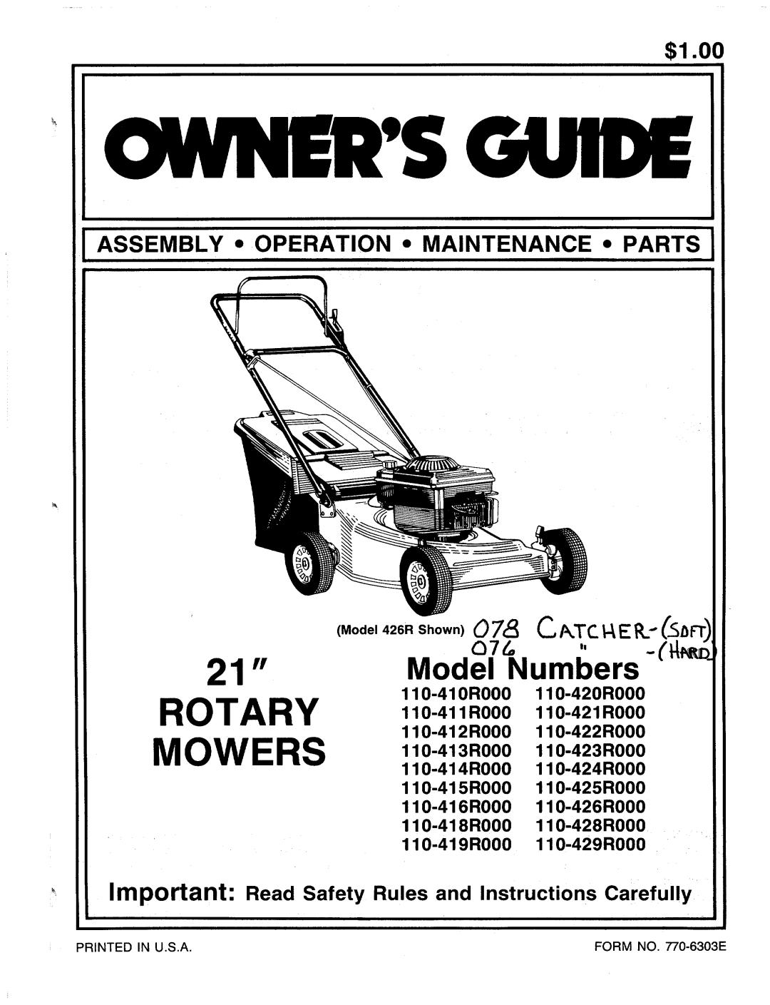 MTD 110-424R000, 110-428R000, 110-426R000, 110-421R000, 110-418R000, 110-413R000, 110-416R000, 110-412R000, 110-419R000 manual 