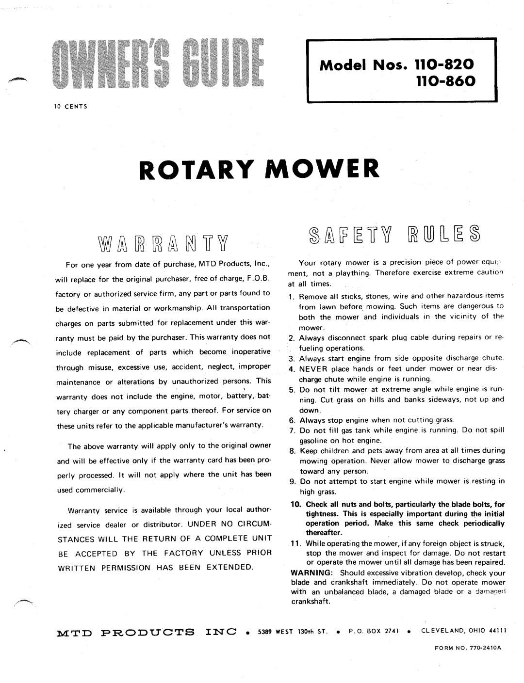 MTD 110-820, 110-860 manual 