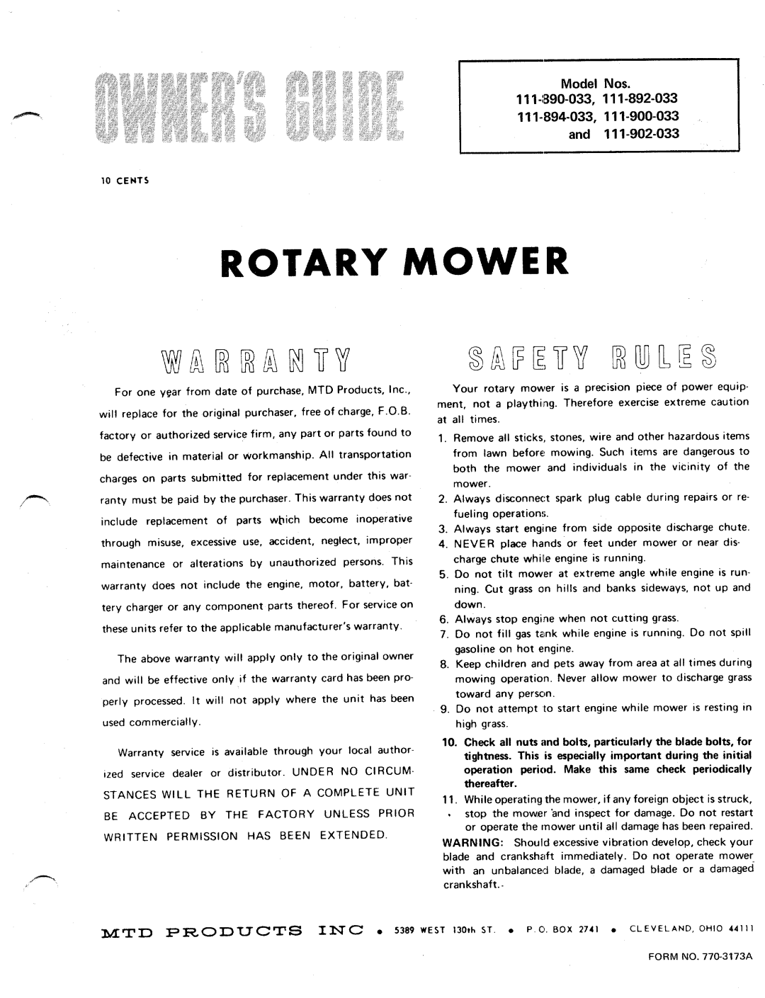 MTD 110-894-033, 110-890-033, 110-892-033, 110-902-033, 110-900-033 manual 