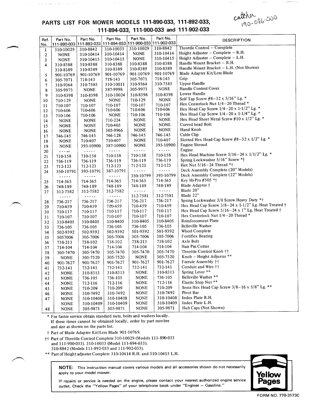 MTD 110-902-033, 110-890-033, 110-894-033, 110-892-033, 110-900-033 manual 