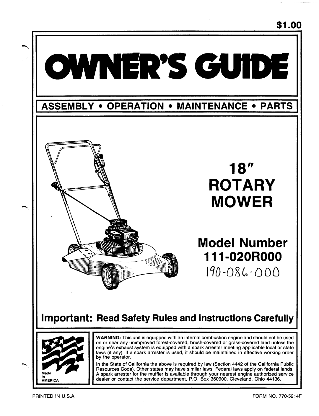 MTD 111-020R000 manual 