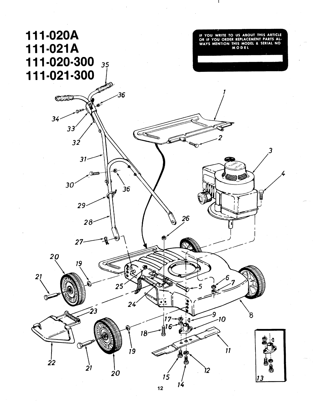 MTD 111-021A, 111-021-300, 111-020A, 111-020-300 manual 