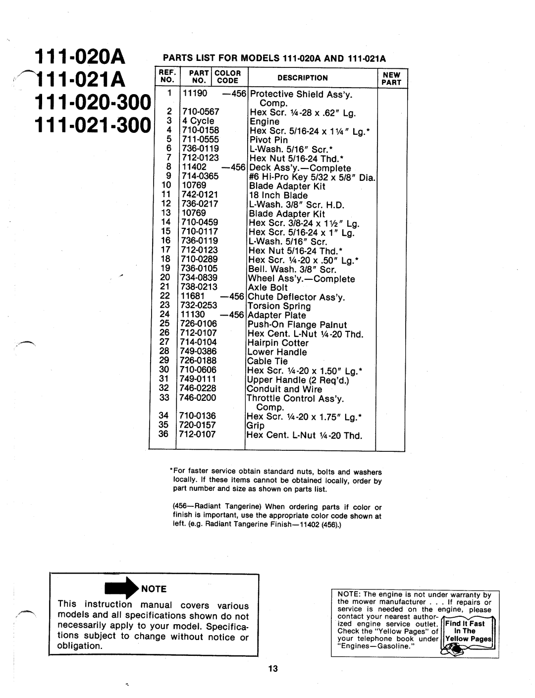 MTD 111-021-300, 111-021A, 111-020A, 111-020-300 manual 