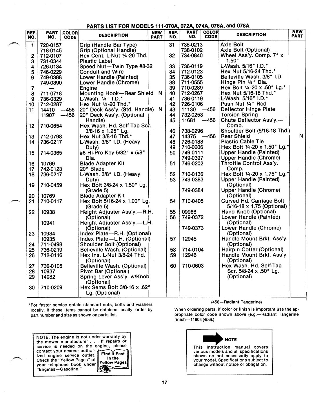 MTD 111-076A, 111-078A, 111-074A, 111-072A, 111-070A manual 