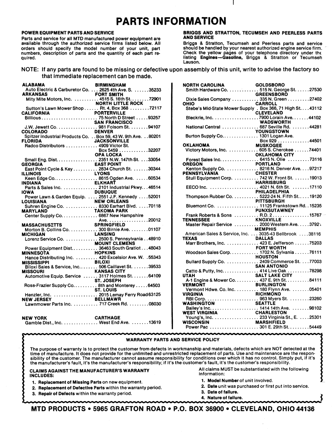 MTD 111-072A, 111-078A, 111-074A, 111-076A, 111-070A manual 