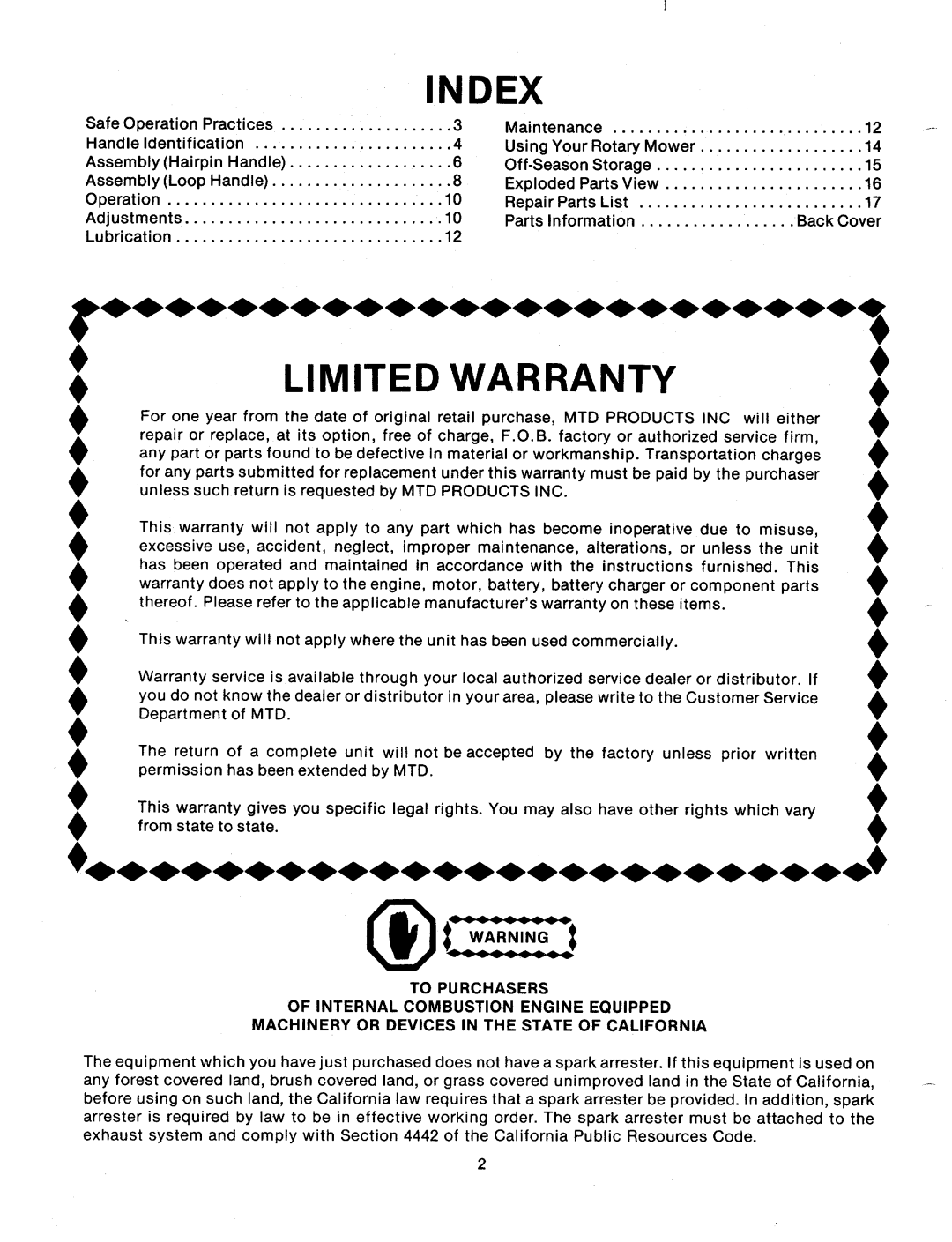 MTD 111-076A, 111-078A, 111-074A, 111-072A, 111-070A manual 