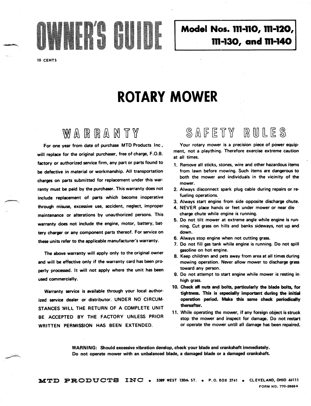 MTD 111-130, 111-110, 111-120, 111-140 manual 