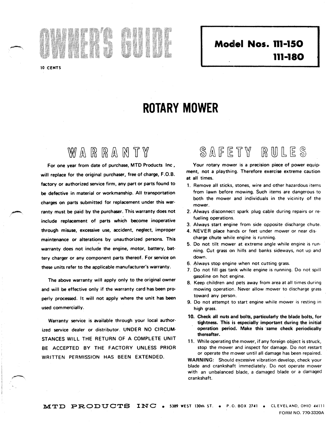 MTD 111-150, 111-180 manual 