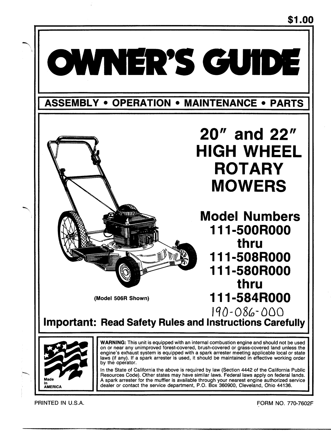 MTD 111-584R000, 111-580R000, 111-500R000, 111-508R000 manual 