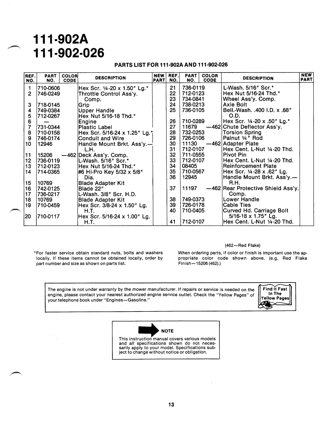 MTD 111-902A, 111-902-026 manual 