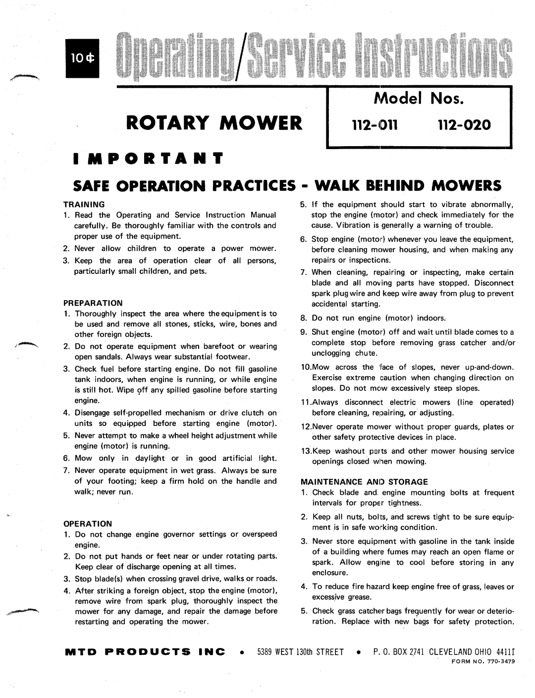 MTD 112-011, 112-020 manual 