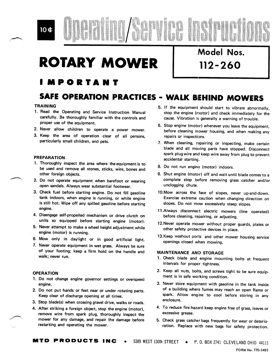 MTD 112-260 manual 