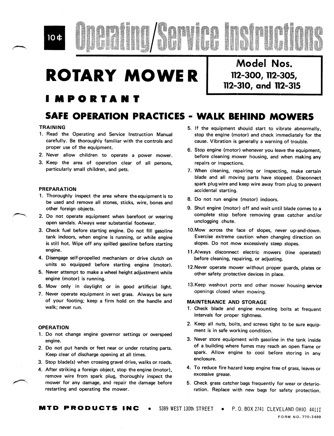 MTD 112-315, 112-305, 112-300, 112-310 manual 