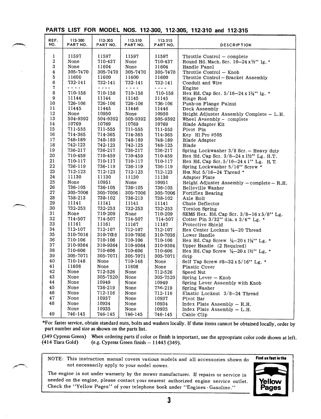 MTD 112-310, 112-305, 112-315, 112-300 manual 