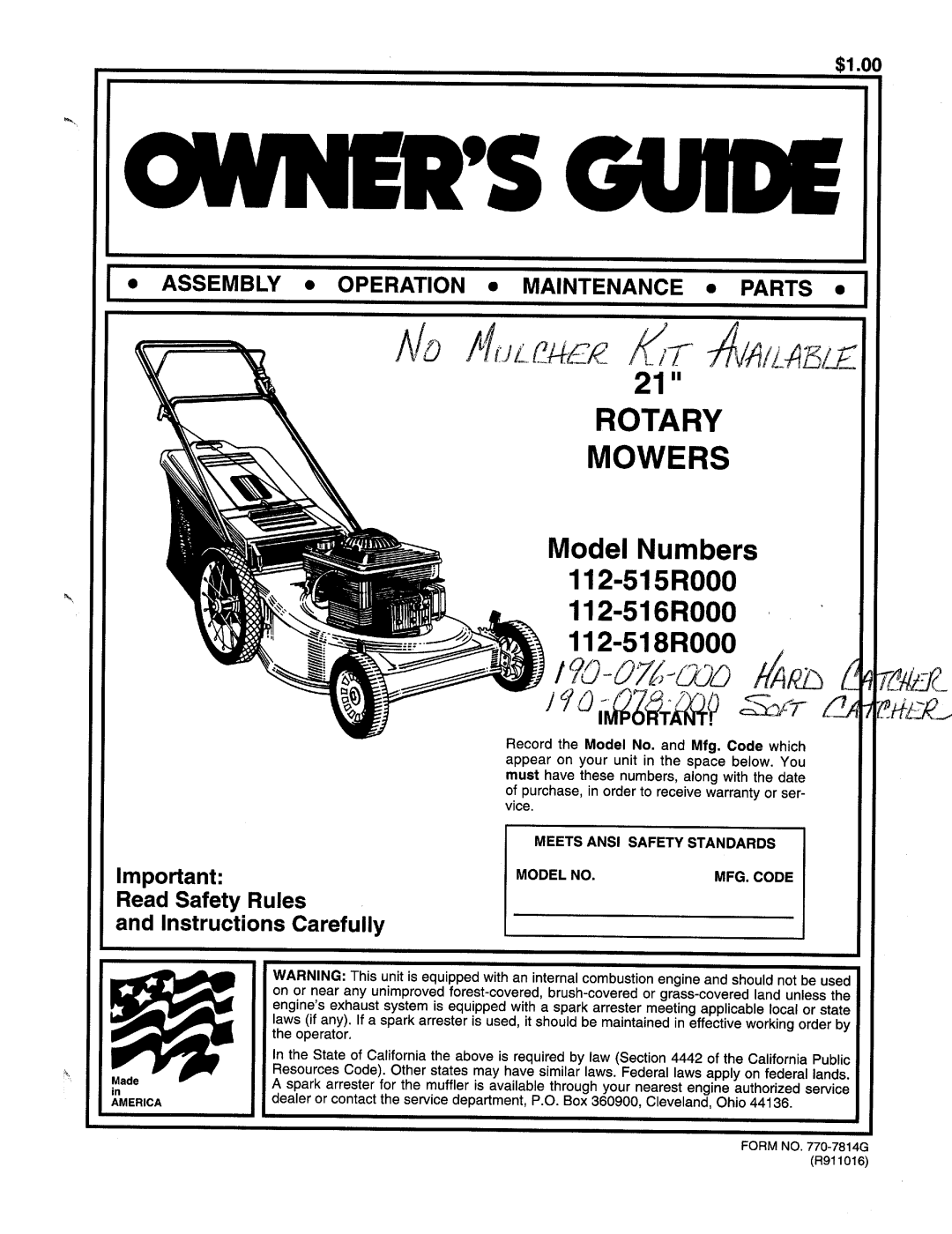 MTD 112-516R000, 112-515R000, 112-518R000 manual 