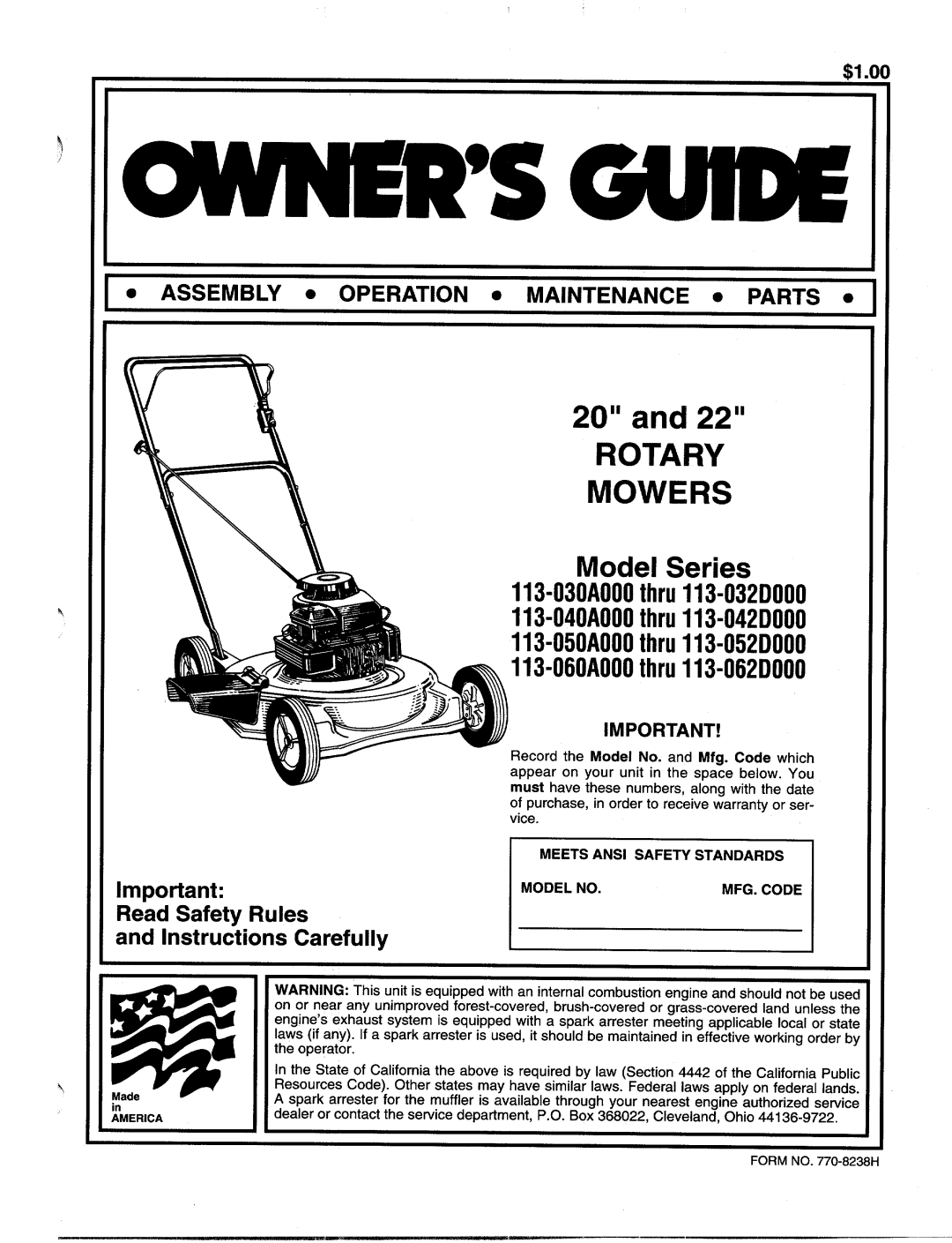 MTD 113-040A000 thru 113-042D000, 113-060A000 THRU 113-062D000, 113-050A000 THRU 113-052D000 manual 