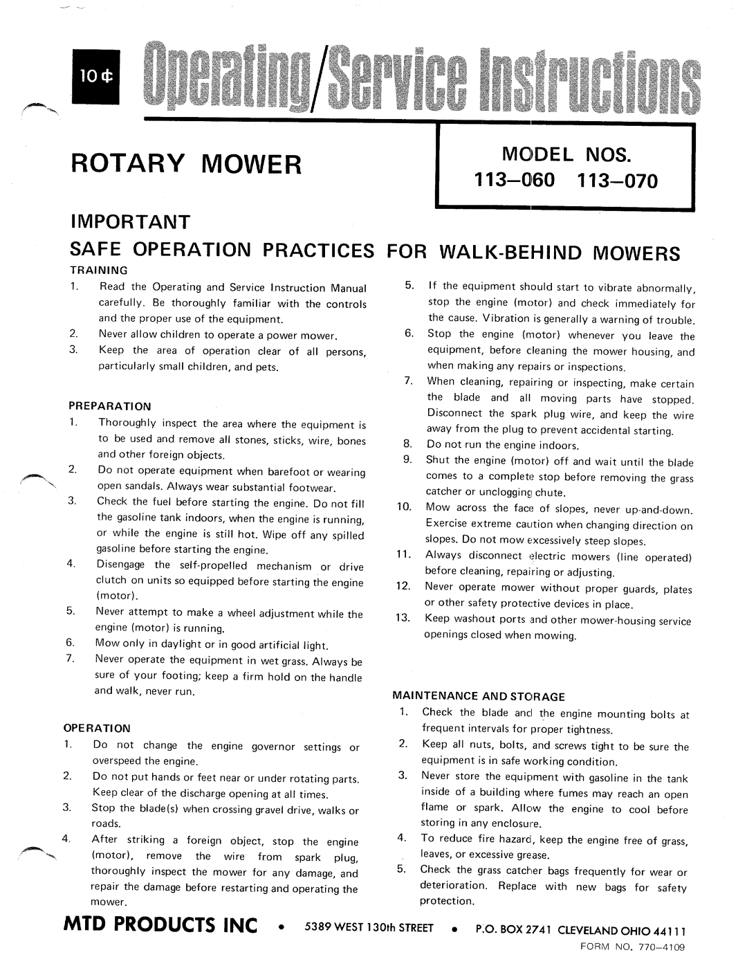 MTD 113-060, 113-070 manual 