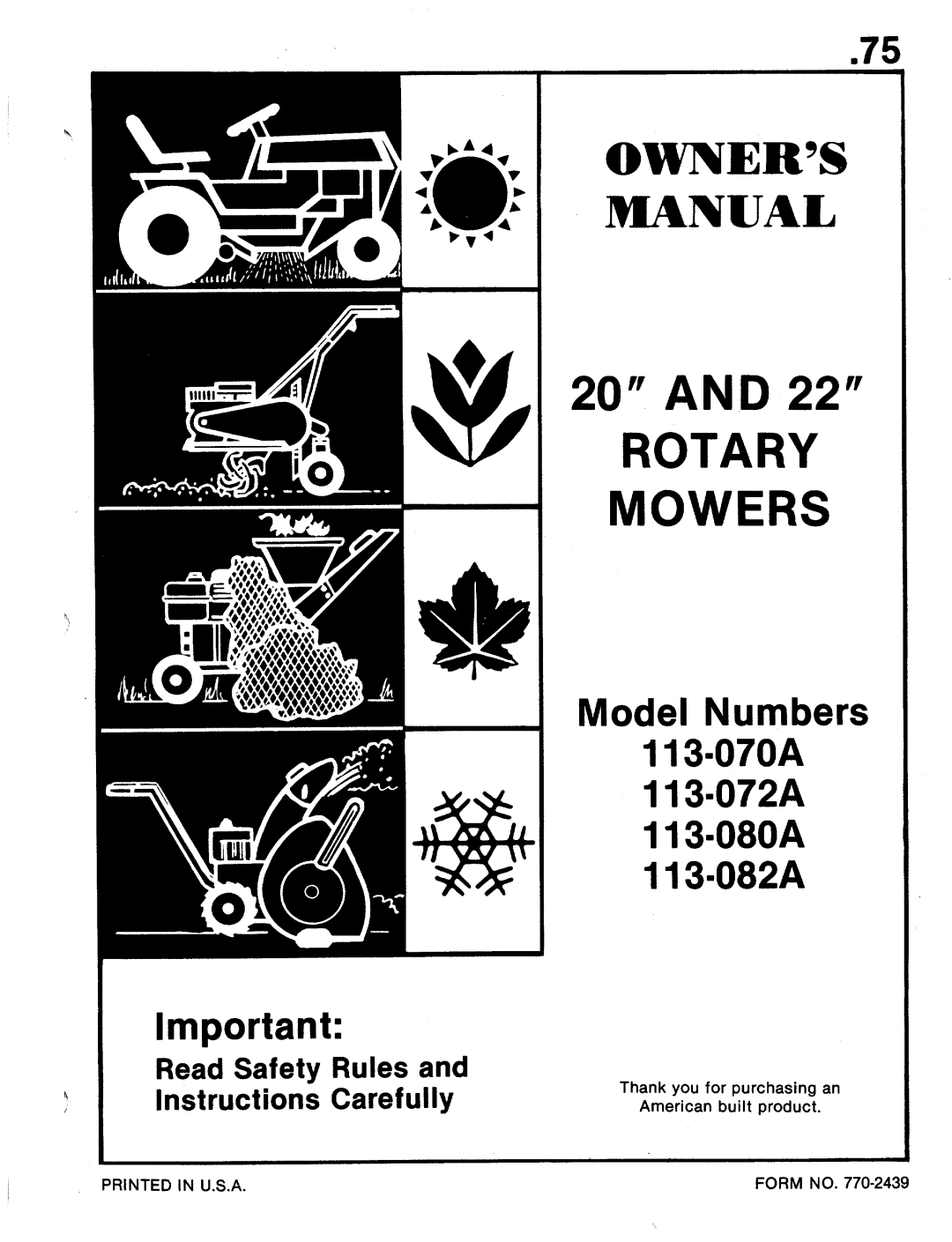 MTD 113-080A, 113-072A, 113-082A, 113-070A manual 