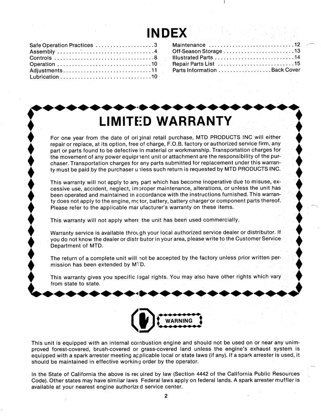 MTD 113-082A, 113-072A, 113-080A, 113-070A manual 