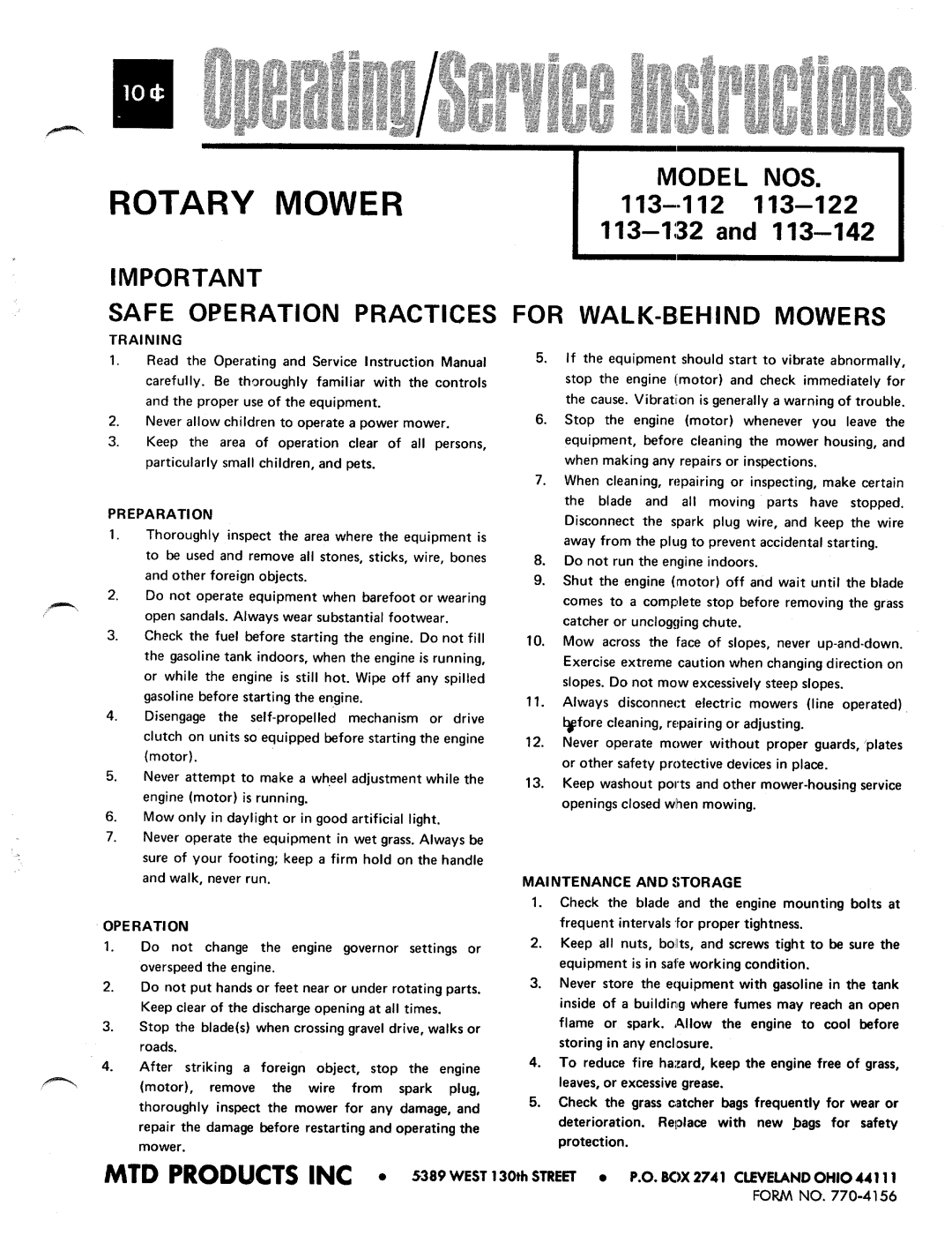 MTD 113-132, 113-112, 113-122, 113-142 manual 