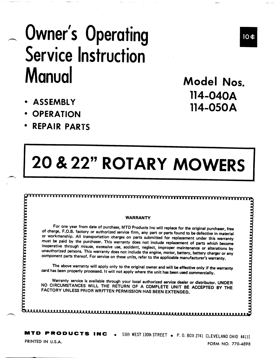 MTD 114-040A, 114-050A manual 