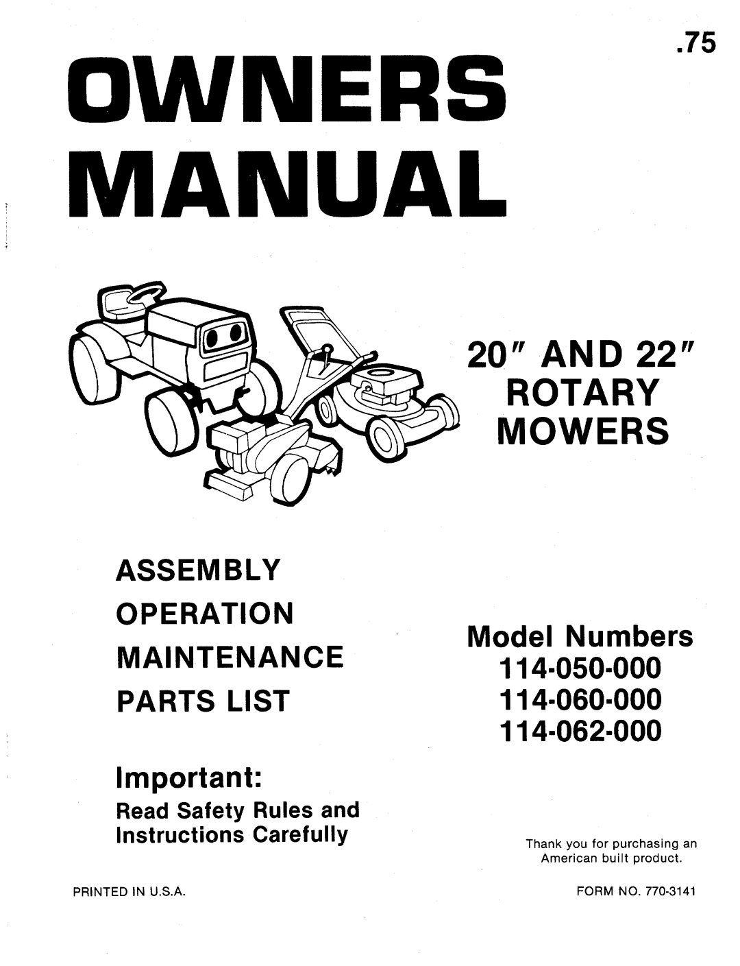 MTD 114-062-000, 114-060-000, 114-050-000 manual 