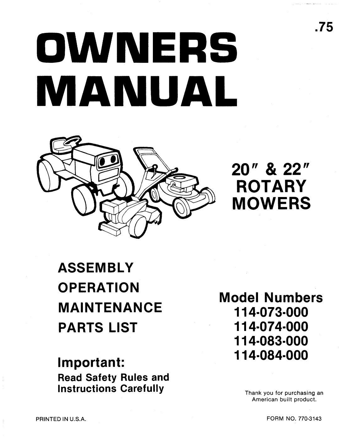 MTD 114-073-000, 114-074-000, 114-083-000, 114-084-000 manual 