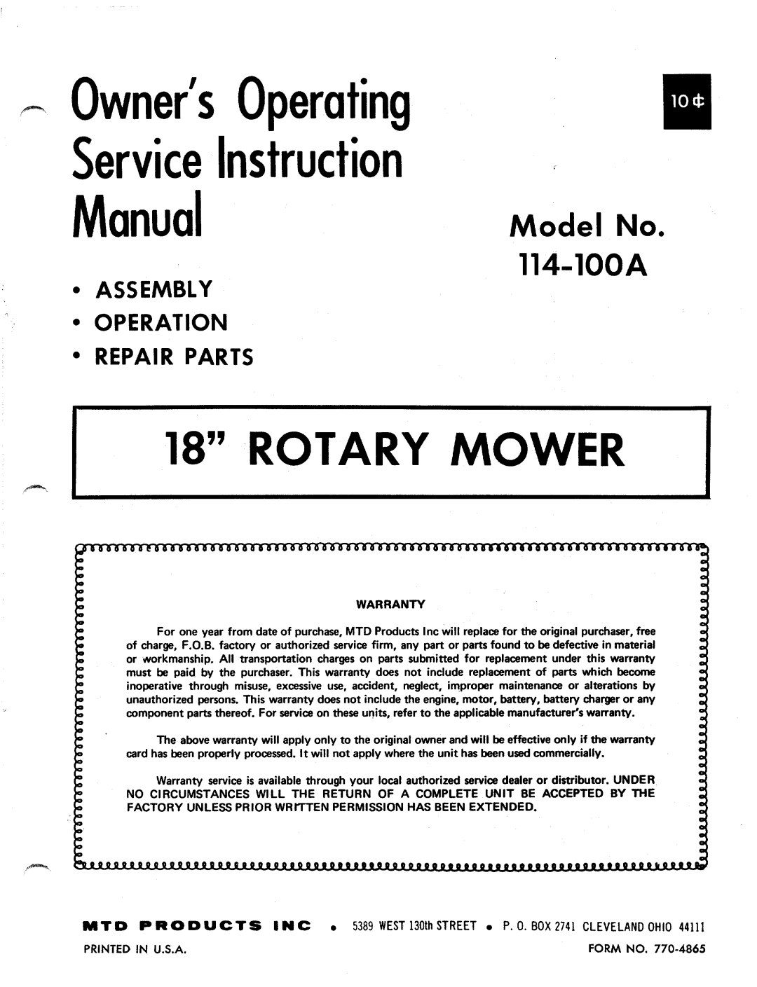 MTD 114-100A manual 