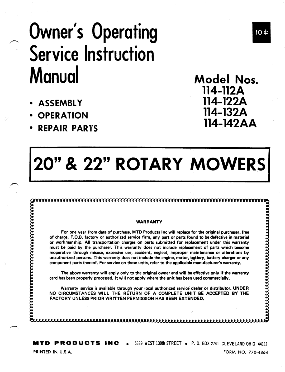 MTD 114-122A, 114-132A, 114-112A, 114-142AA manual 