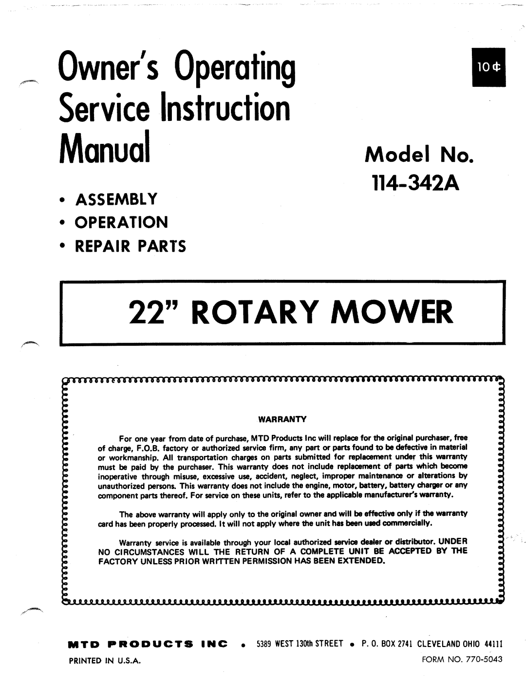 MTD 114-342A manual 