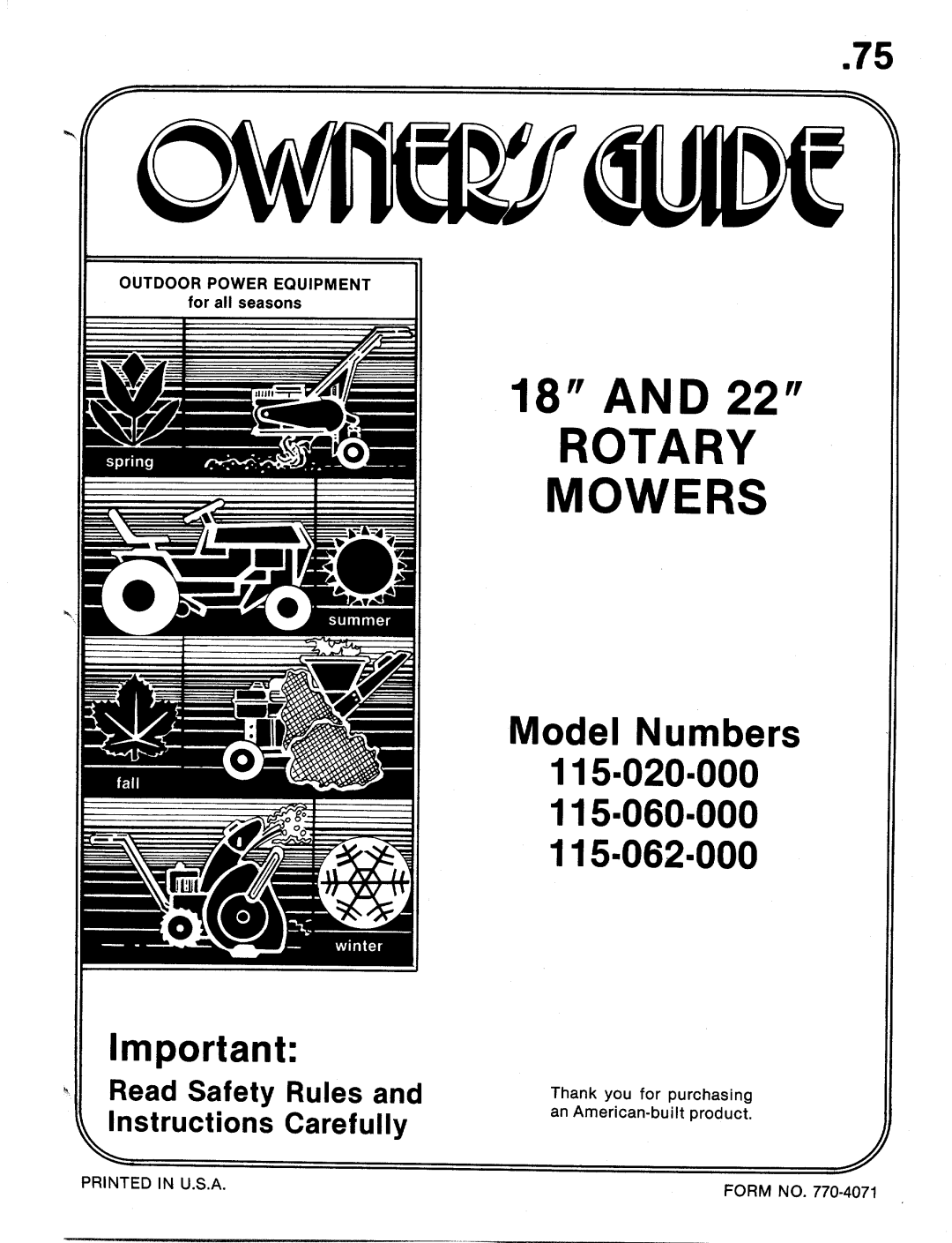 MTD 115-062-000, 115-060-000, 115-020-000 manual 