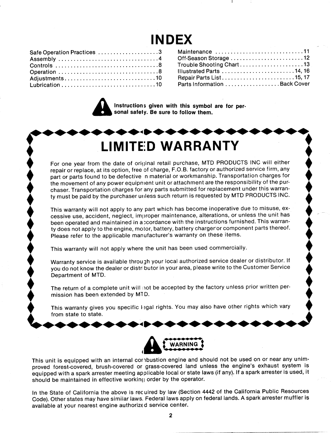 MTD 115-020-000, 115-060-000, 115-062-000 manual 