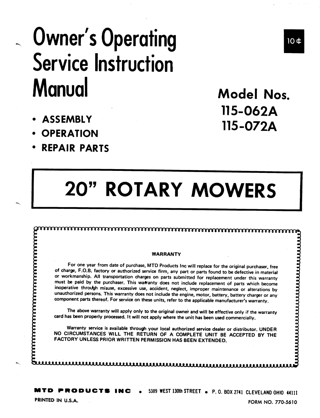 MTD 115-072A, 115-062A manual 