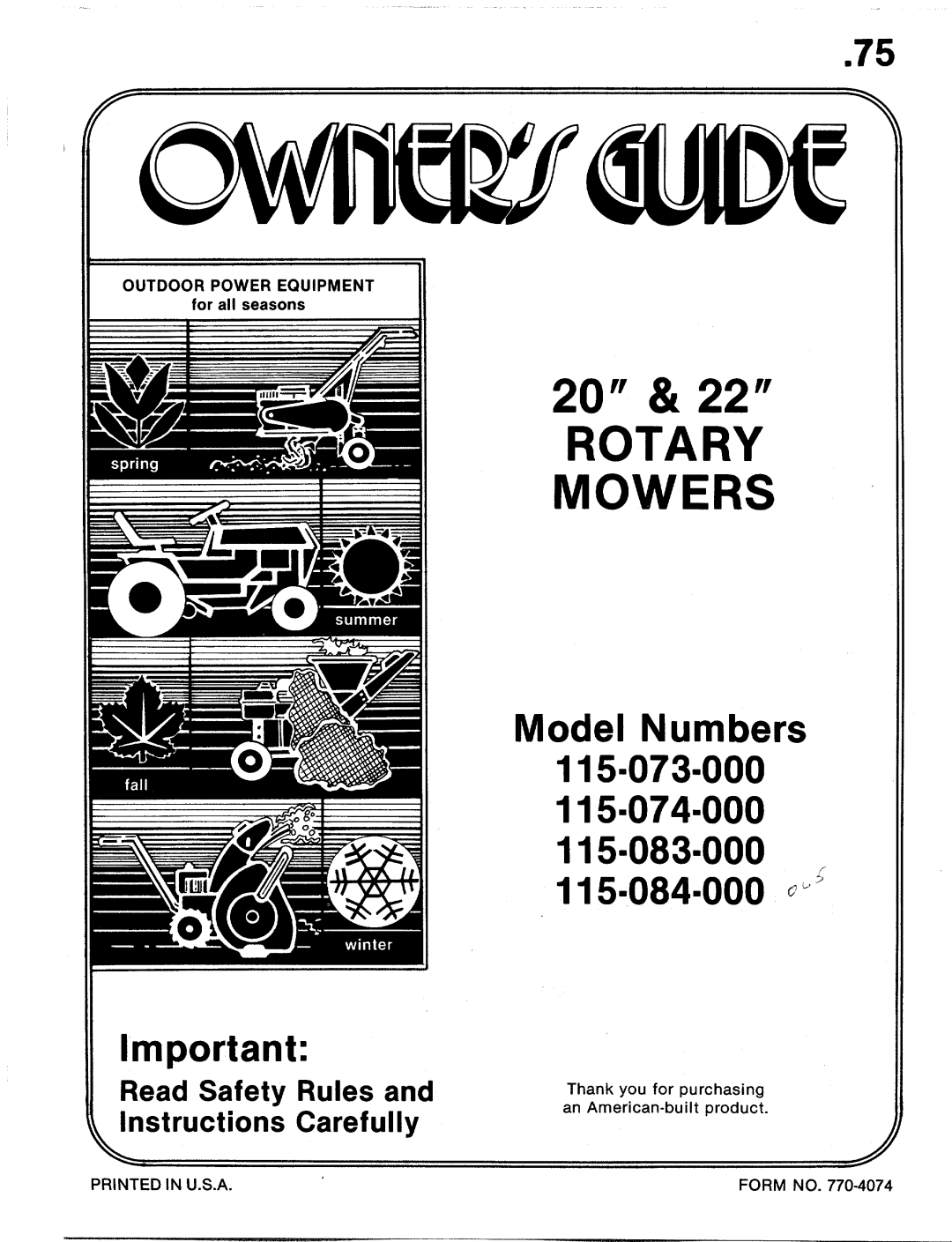 MTD 115-083-000, 115-084-000, 115-074-000, 115-073-000 manual 