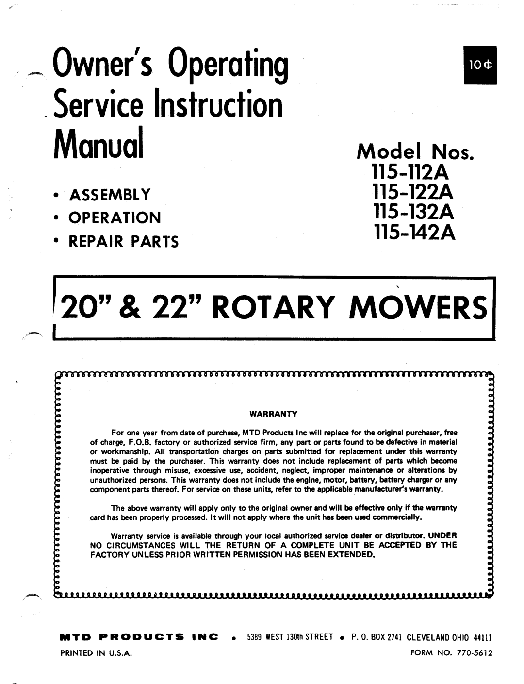 MTD 115-112A, 115-122A, 115-132A, 115-142A manual 