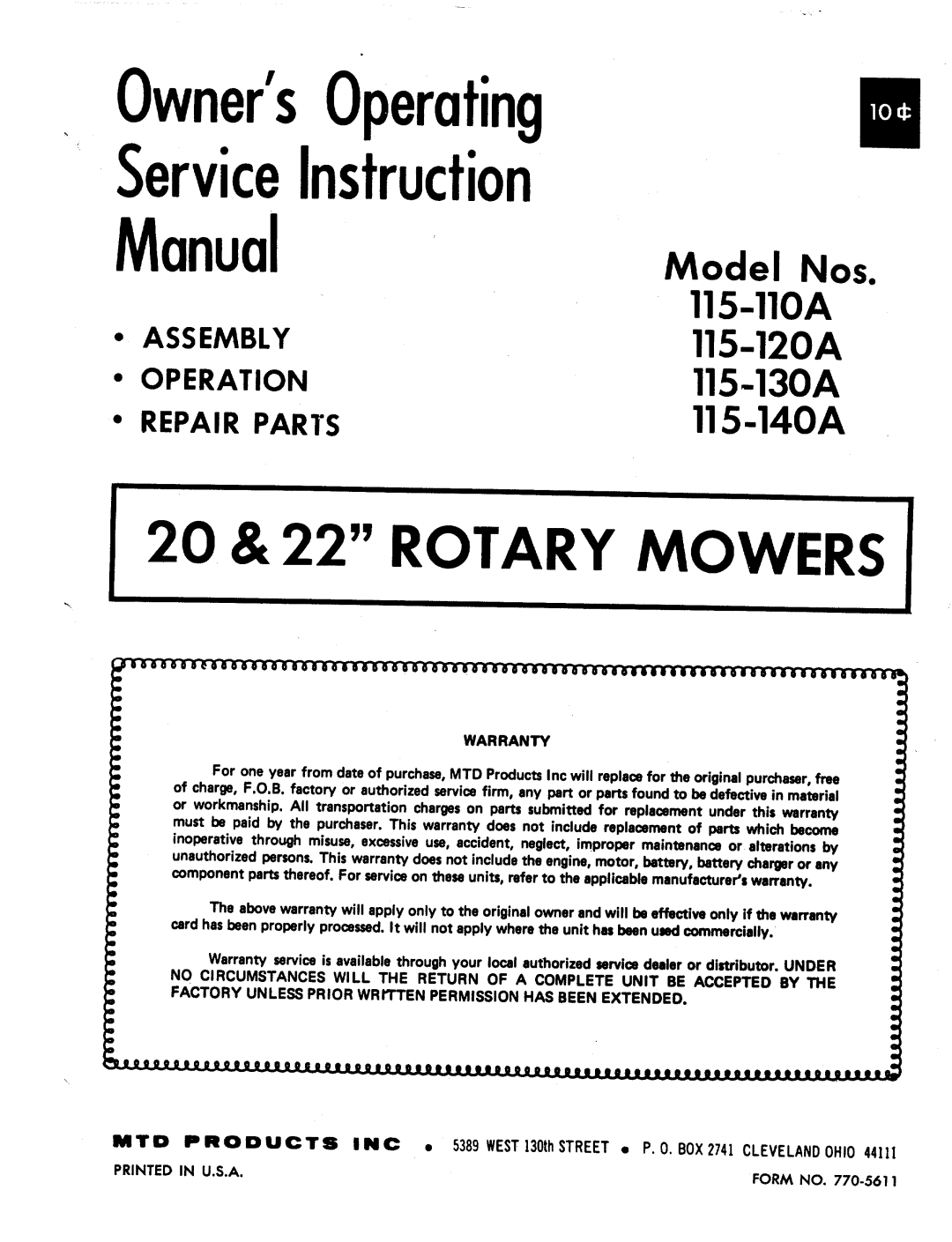 MTD 115-140A, 115-130A, 115-120A, 115-110A manual 