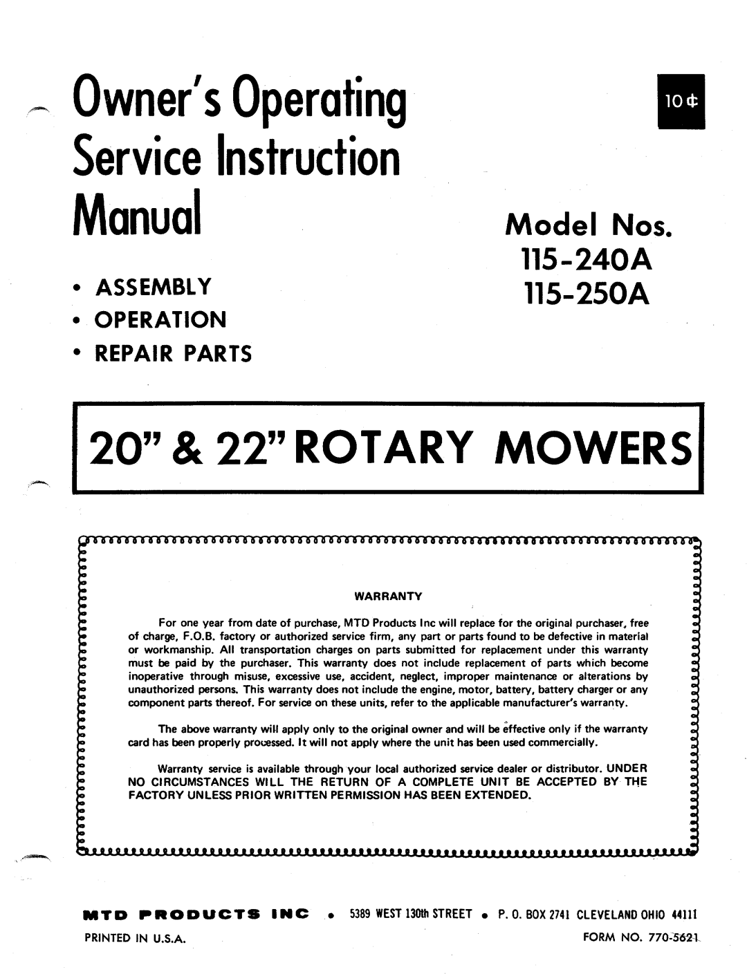 MTD 115-240A, 115-250A manual 