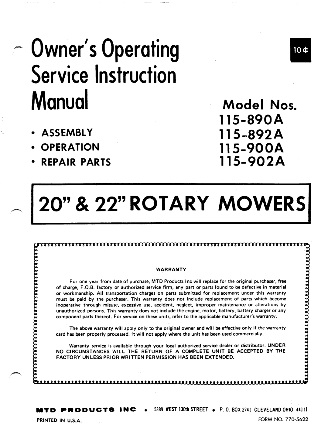 MTD 115-892A, 115-890A, 115-900A, 115-902A manual 