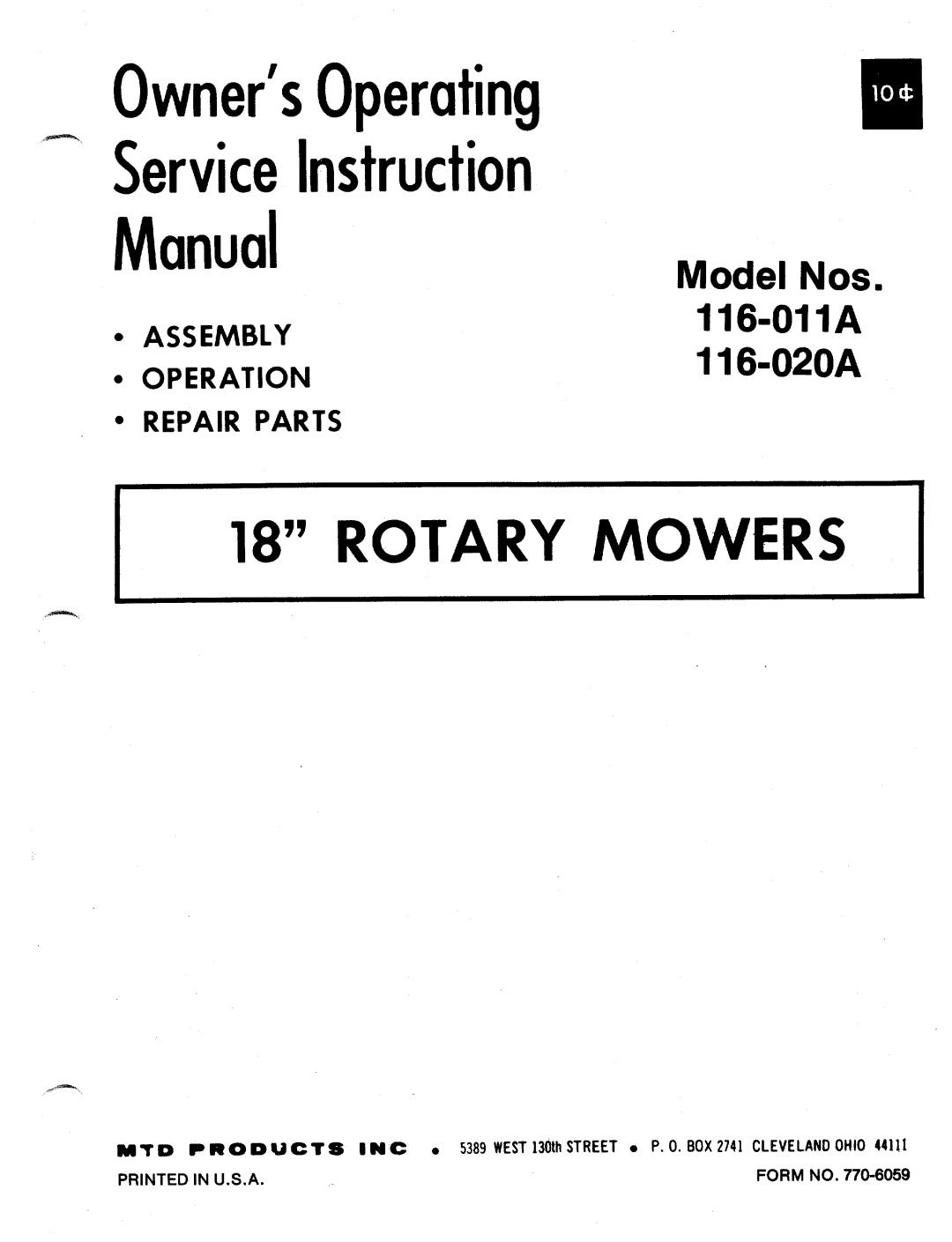MTD 116-020A, 116-011A manual 